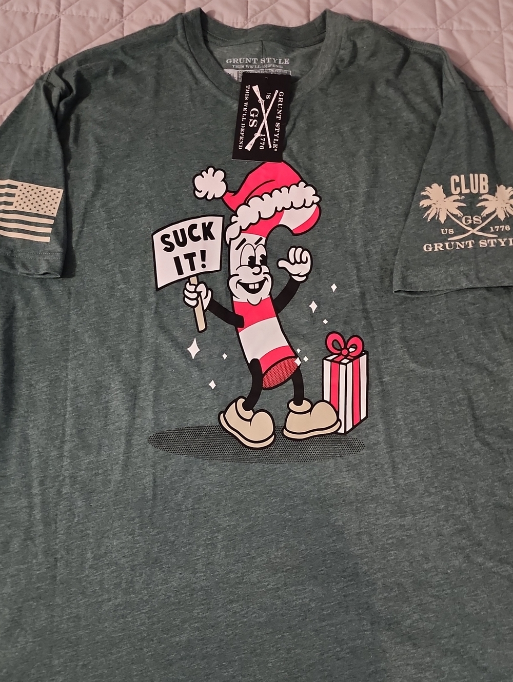 Grunt Style Men's Heather Green Holiday Candy Cane Graphic Tee